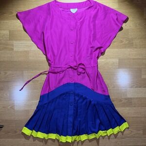 VTG ECI NY Hot Pink Button Front Dress Drop Waist Pleated Retro Sz 2 Dance Color